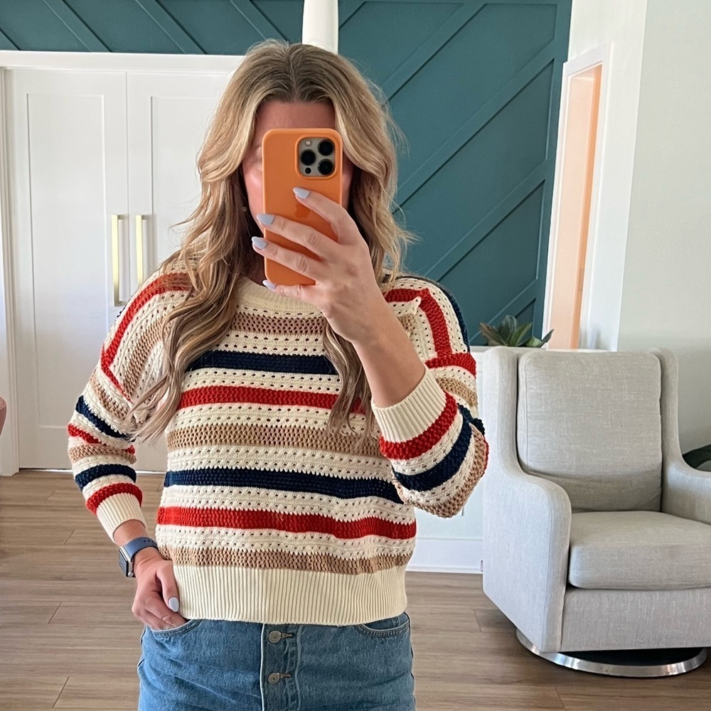 Striped Crochet Knit Sweater Coastal Grandma Preppy Size - Picture 2 of 4